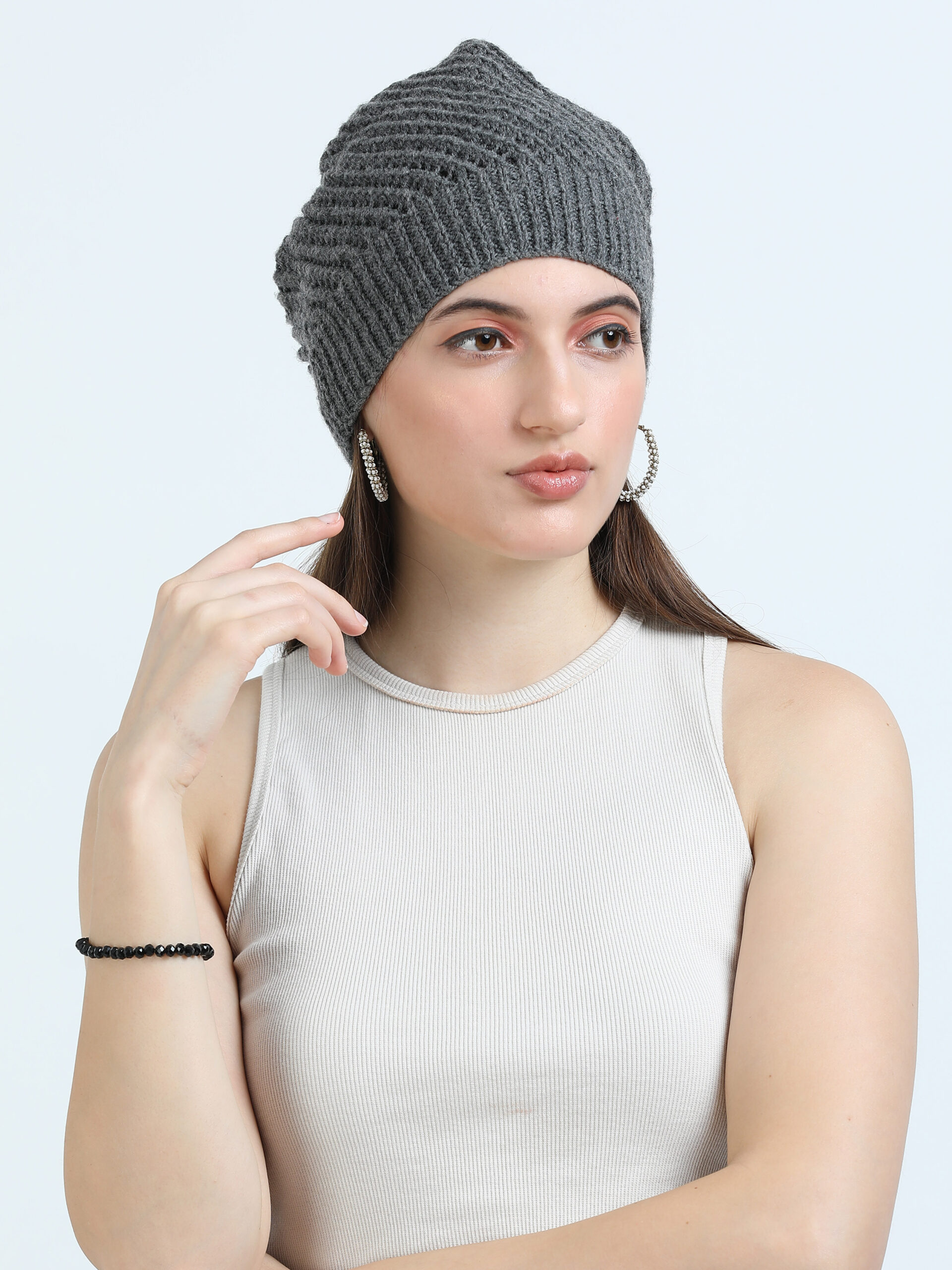 Hand Knitted Cap – Unique Net Design – Unisex (Grey)