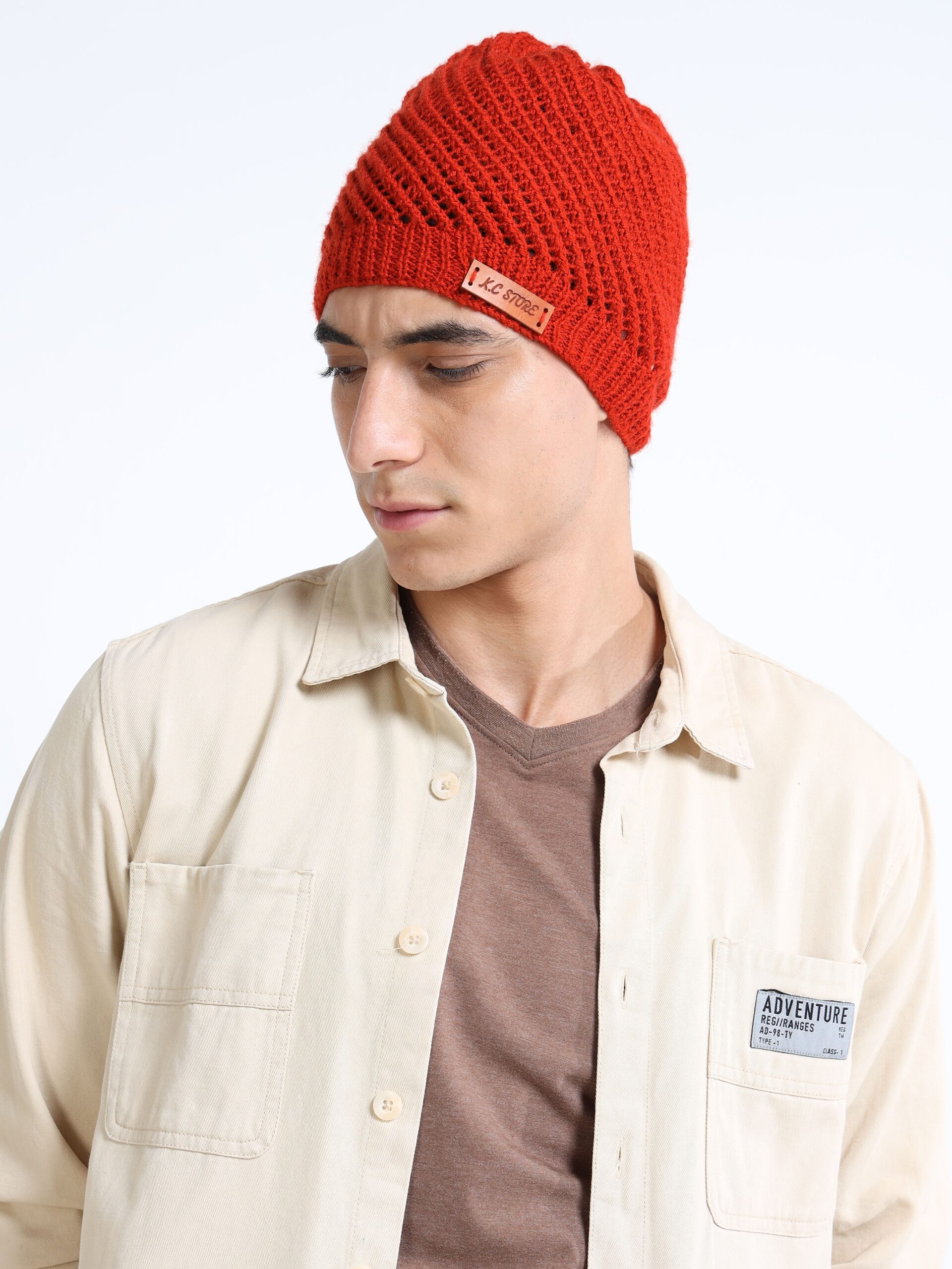 Hand Knitted Cap – Unique Net Design – Unisex (Rust)